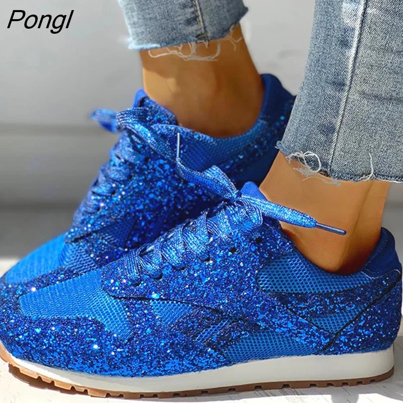 Pongl Flat Glitter Sneakers Casual Female Mesh Lace Up Bling Platform Comfortable Plus Size Vulcanized Shoes 2023 Soft Knitting 305-1