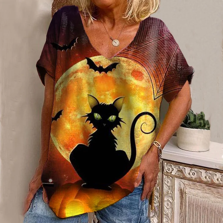 Vefave Halloween Cat Print Short Sleeve T-Shirt