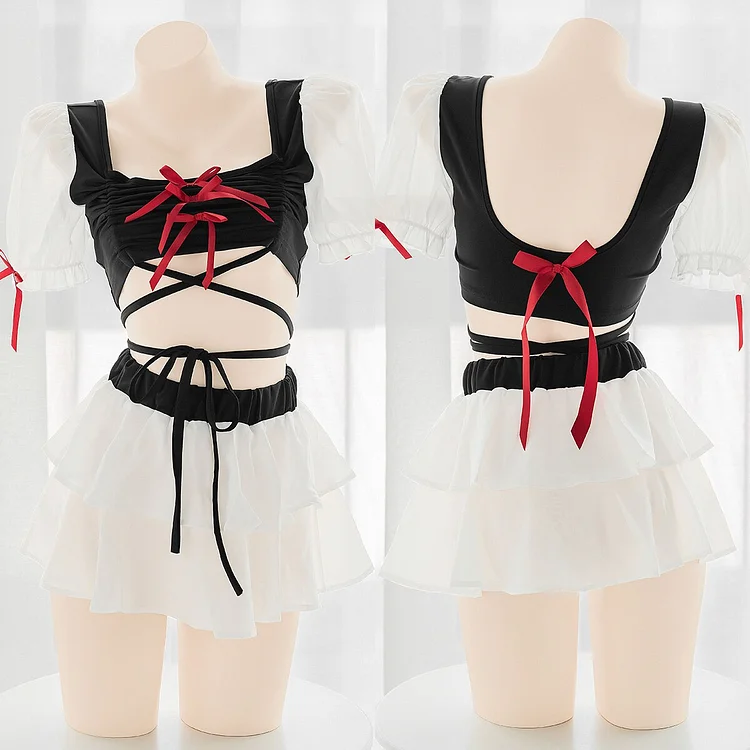 Sweet Lovely Drawstring Top Bandage Bow Bubble Lingerie Set BE322