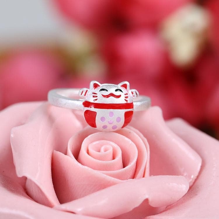 Kawaii Silver Lucky Neko Cat Ring SP178864