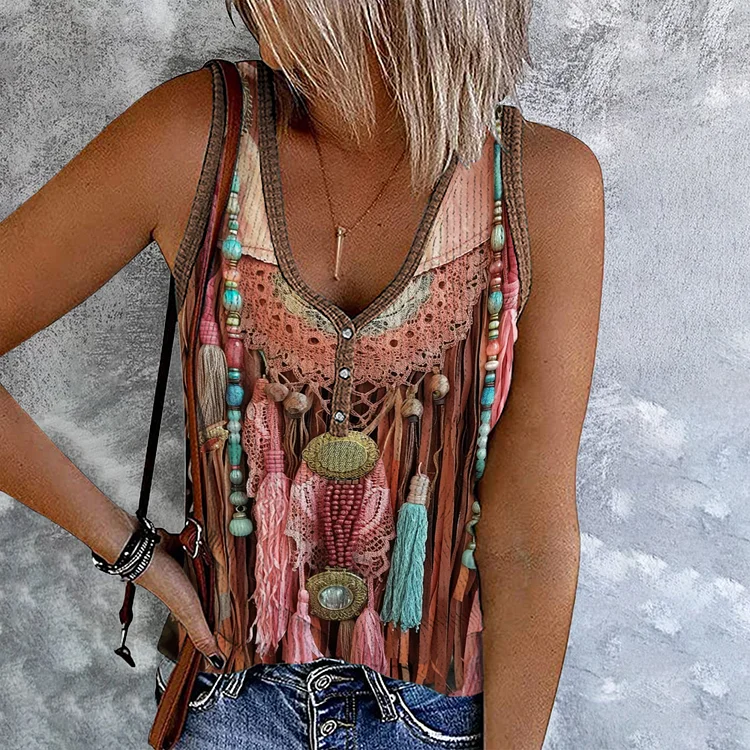 Comstylish Vintage Western Tassel Printed Lace Button Tank Top