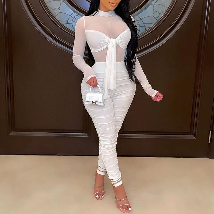 Vefave Solid Color Strap Sexy Long Sleeve Jumpsuit