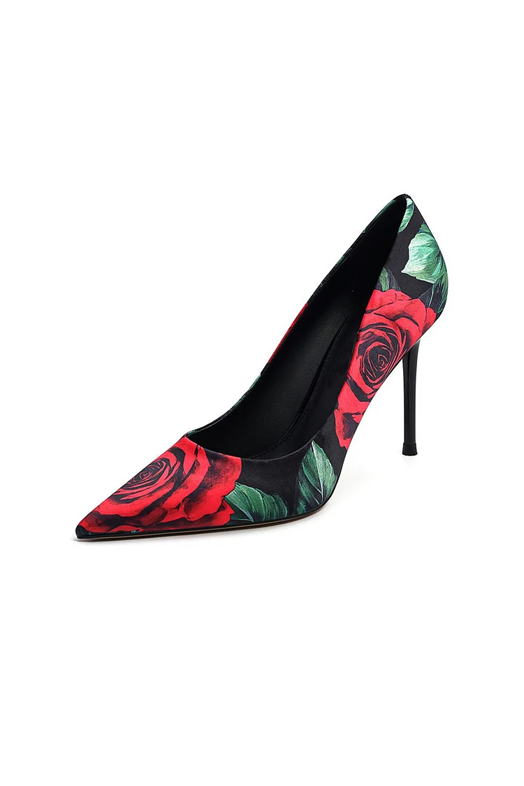 1950s Red Party Rose Print Pointed Fine Heels Pumps