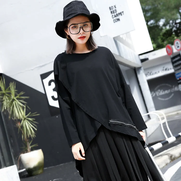 vintage black cotton blended pullover plus size O neck asymmetric shirts 2018 long sleeve zippered brief t shirt