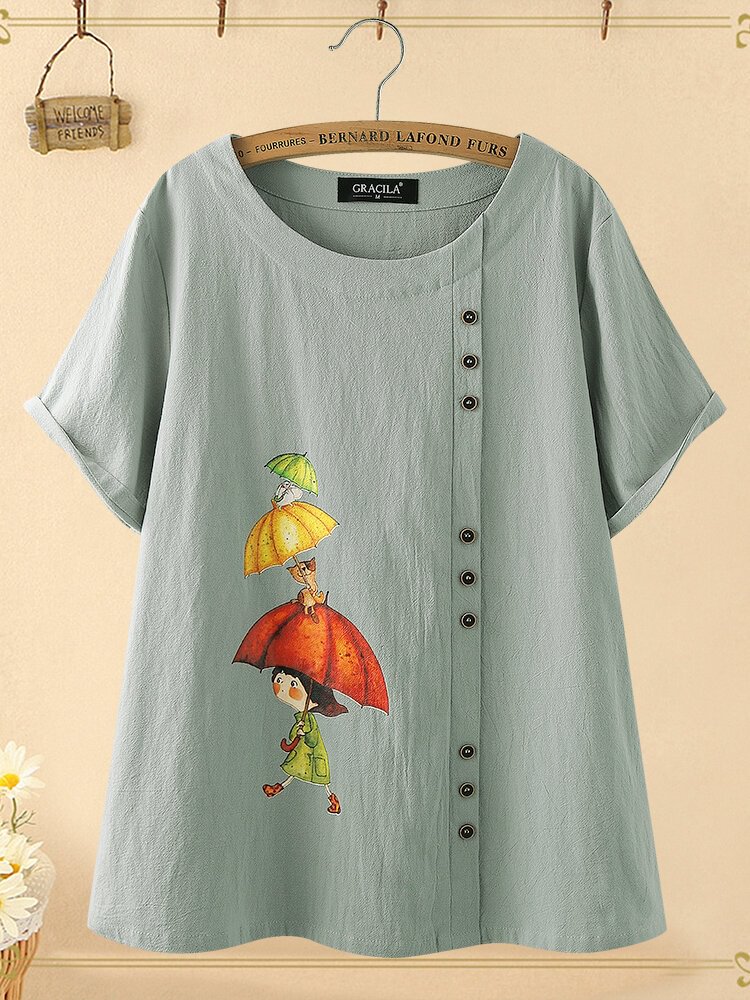 Cartoon Cat Print Short Sleeve Overhead 100% Cotton T shirt For Women P1685867
