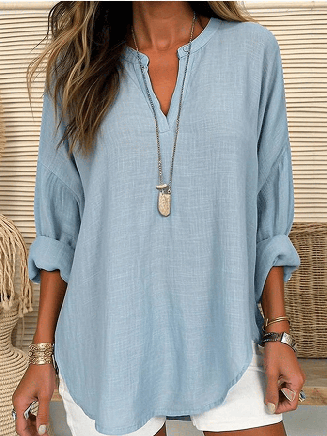 Women's Cotton Long Sleeve Round Neck Solid Color Loose Beach Shirt