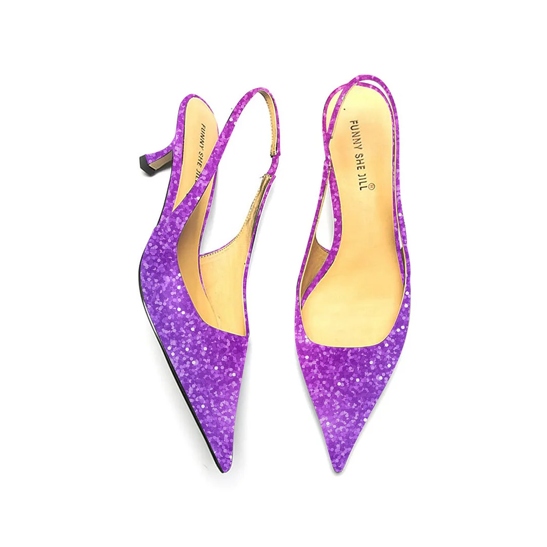 Purple Sparkling Pointed Toe Kitten Heel Slingback Pumps for Prom Nicepairs