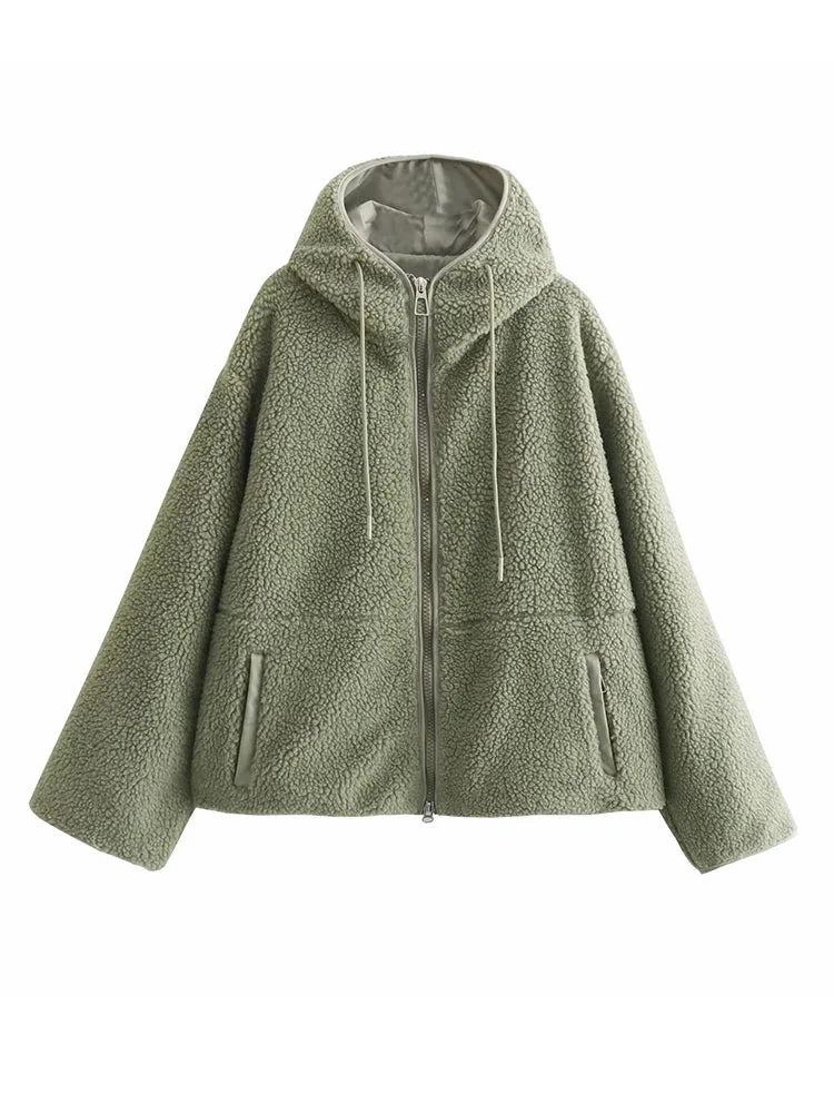 Tlbang New Women Hooded Lambswool Coat Long Sleeve Female Autumn Winter Loose Warm Outerwear