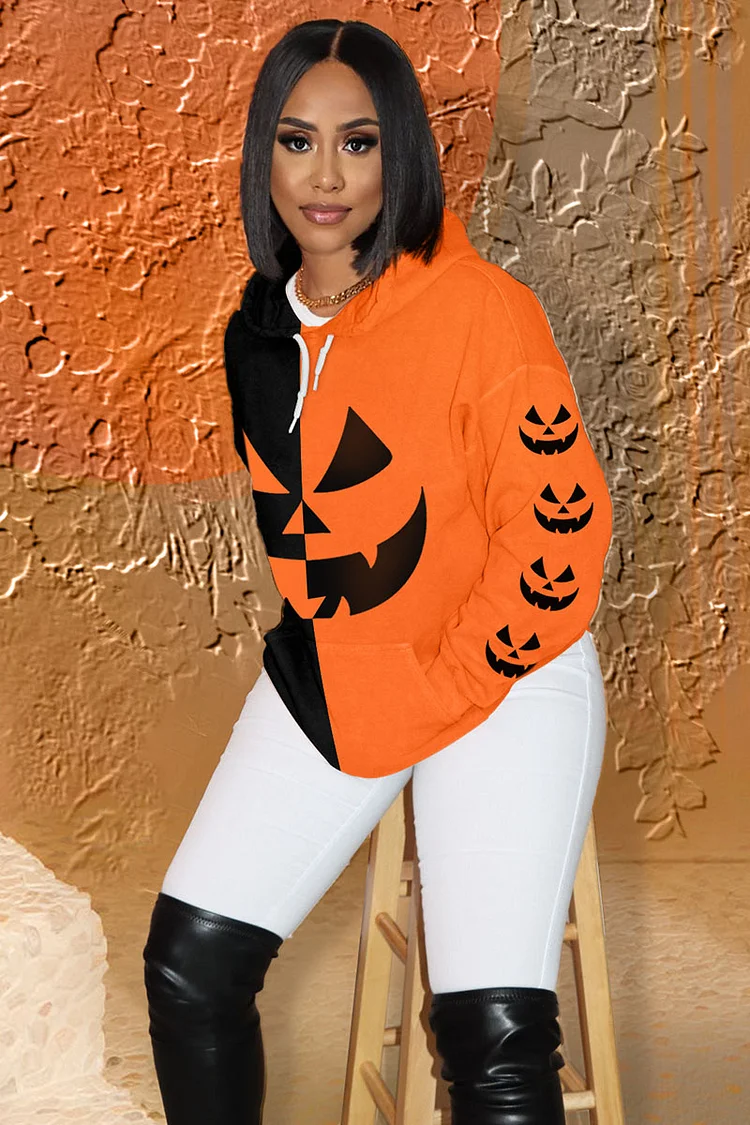 Colorblock Pumpkin Face Print Halloween Pocket Hoodie