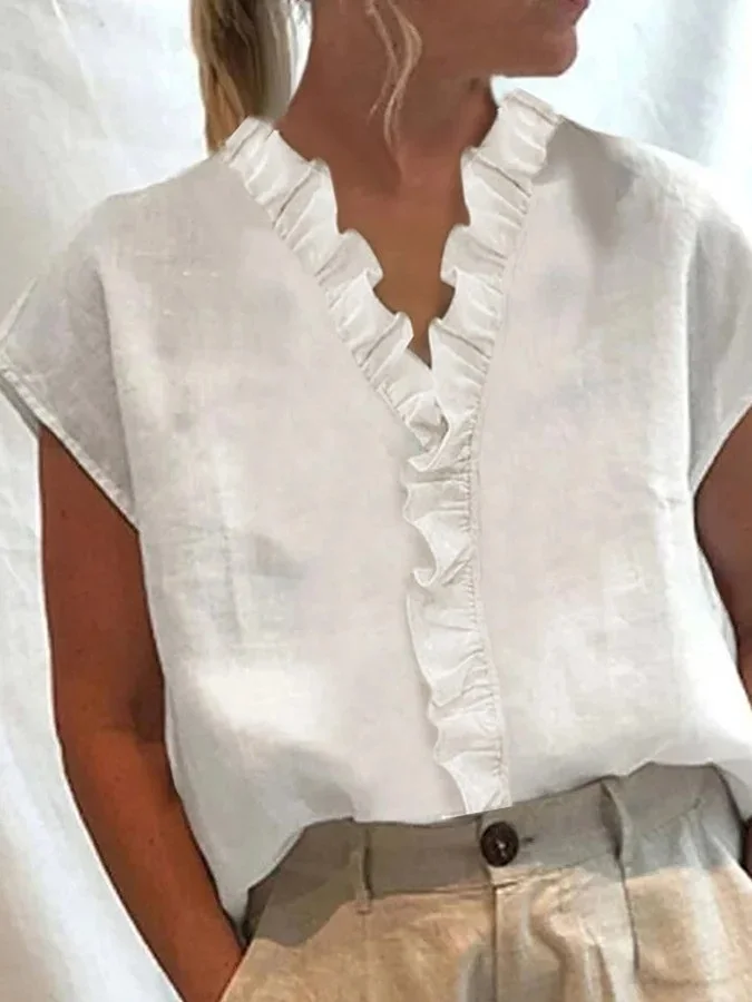 Women's Cotton Linen Ruffle Splicing Shirt