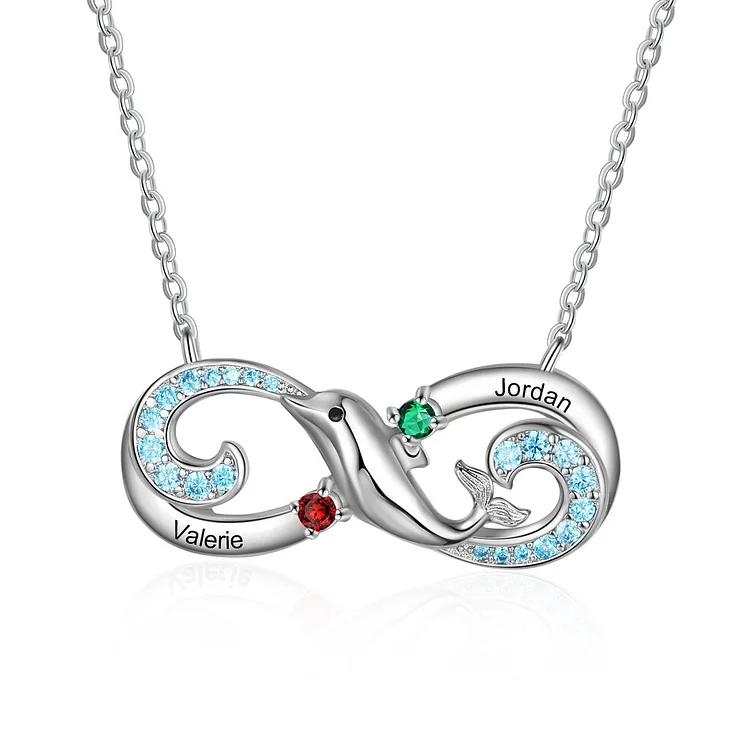 Collar infinito grabado 2 nombres personalizados con 2 piedras de nacimiento delfín