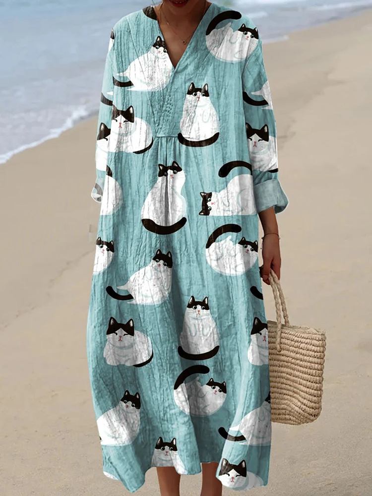 Cat Art Print Vintage Long Sleeve Maxi Dress main image 1