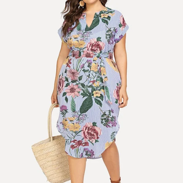 Plus Size Women's Striped Print Slim V-Neck Dress socialshop