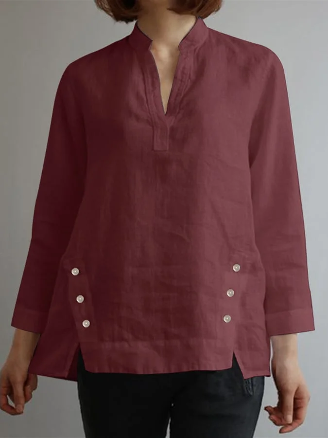 Ladies V-Neck Casual Cotton And Linen Shirt With Irregular Hem Design