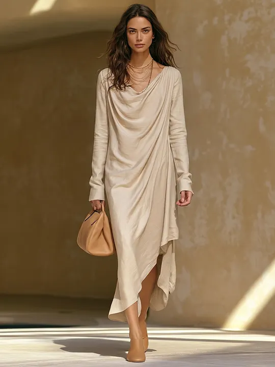 Women's Cotton-Blend Maxi Dress With Cowl Neck, Long Sleeves, And Asymmetrical Hem MD