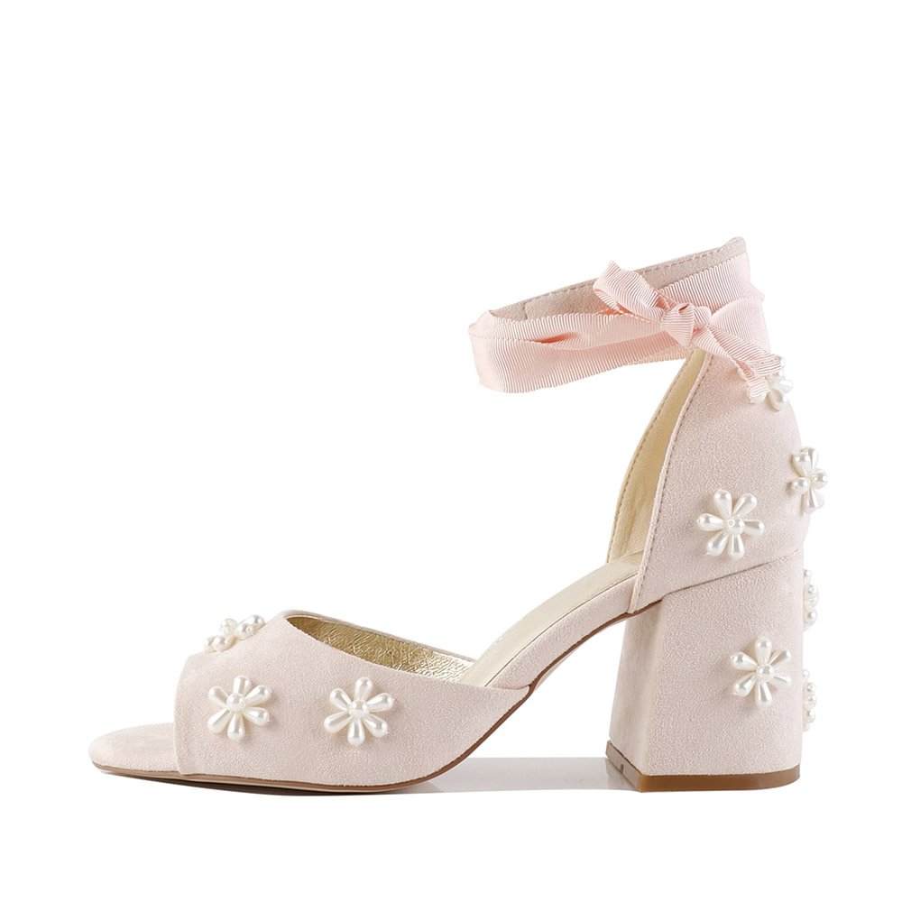 Light Pink Heeled Ankle Tie Bridal Shoes with Pearl Flower Decor Nicepairs