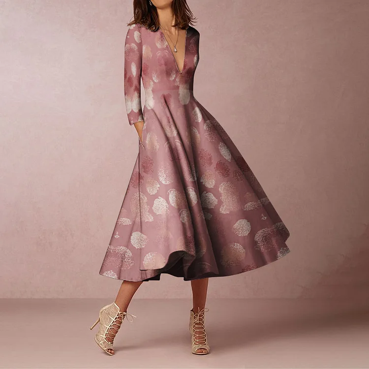 Vefave V-Neck High Waist Bronzing Polka Dot Print Midi Dress