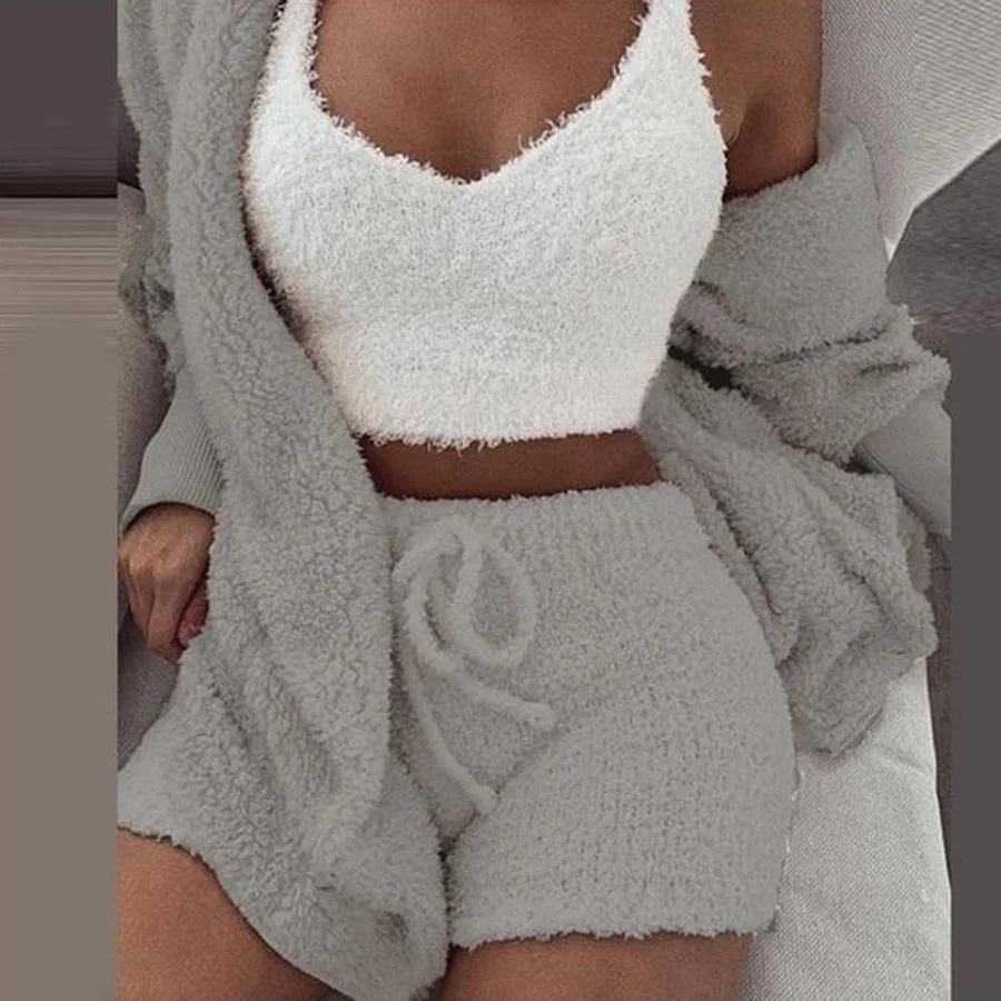 😍Women's Sexy Warm Fuzzy Fleece 3 Piece Outfits Pajamas, Cozy Knit Set 3-Piece, Open Front Hooded Cardigan Top Shorts