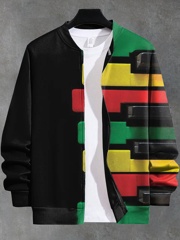 Men's Black Soul Piano Colorblock Art Print Zip Up Jacket