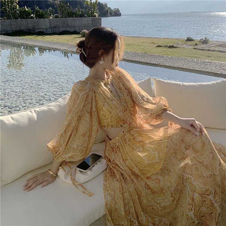 Long-Sleeve Floral Print Chiffon Dress YP4368
