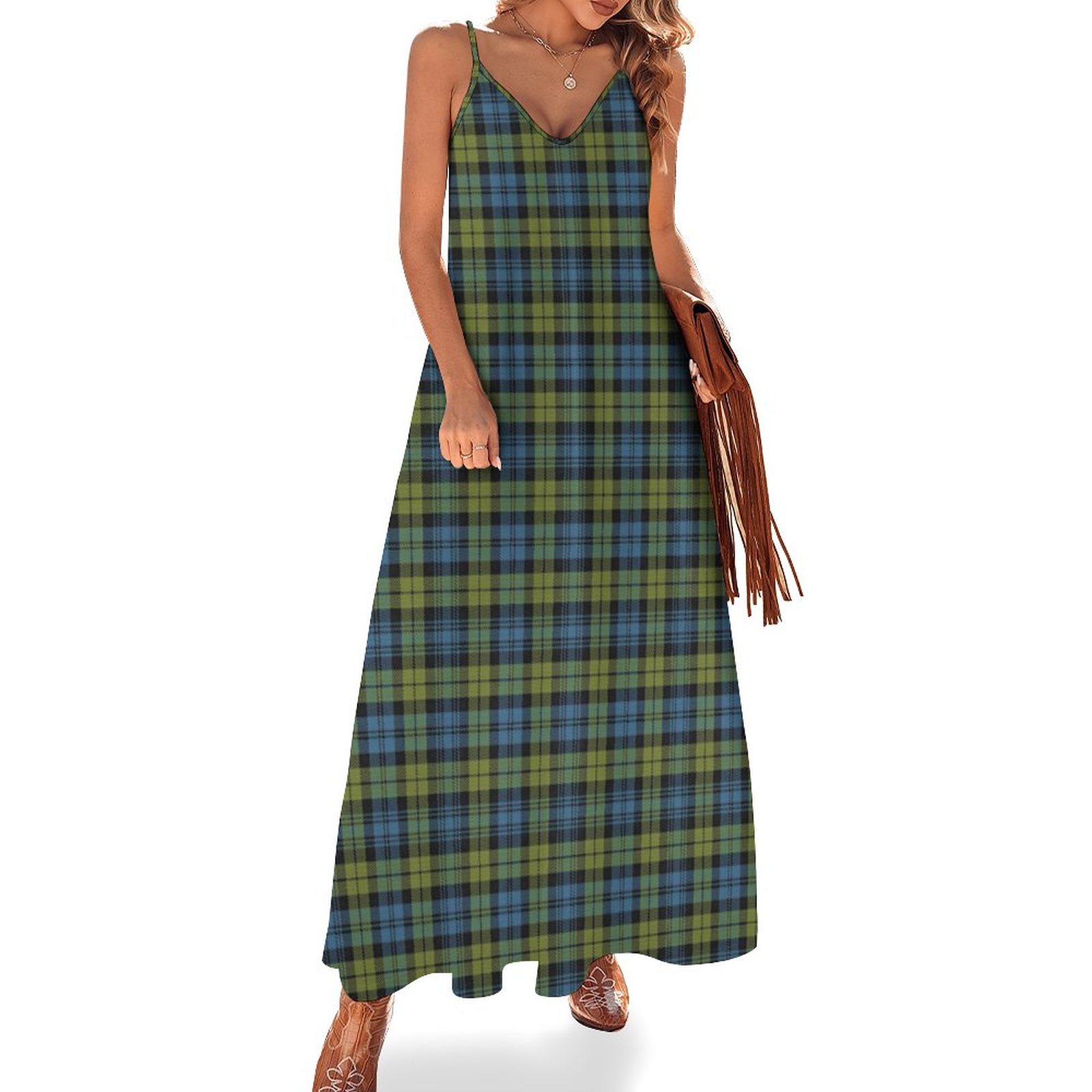 Scottish Campbell Blue And Green Tartan Plaid Women's Casual Strappy V Neck Sleeveless Flowy Loose Long Maxi Beach Dress Sundress Scottish Campbell Blue And Green Tartan Plaid Women's Casual Strappy V Neck Sleeveless Flowy Loose Long Maxi Beach Dress Sundress