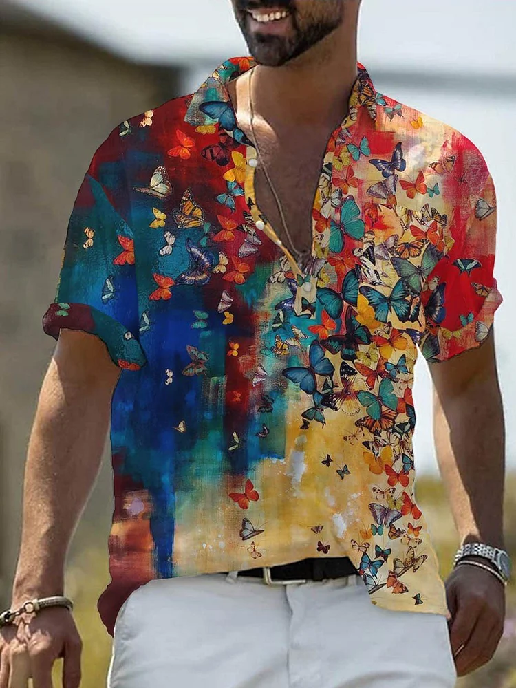 Men's Butterfly Print Casual Short Sleeve Shirt socialshop