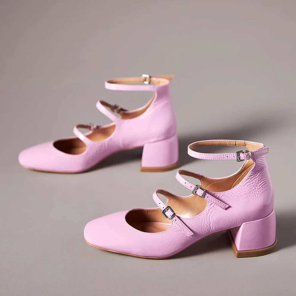 Pink Square Toe Triple Strap Mary Jane Pumps with Block Heels Nicepairs
