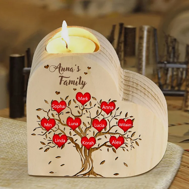 To My Family Wooden Heart Candle Holder Custom 10 Names Family Tree Candlesticks