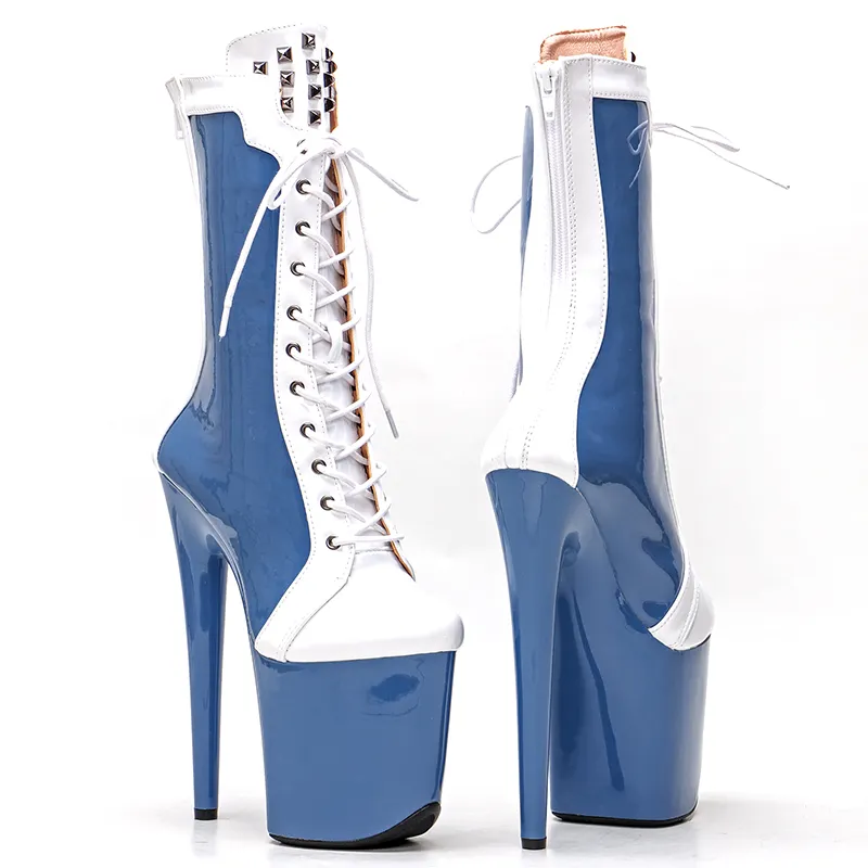 VCshoes 20CM/8Inch Patent Leather Plus Size Pole Dancing Lace Up Boots Thin Heels Fetish Women Shoe Platform Boot 4K