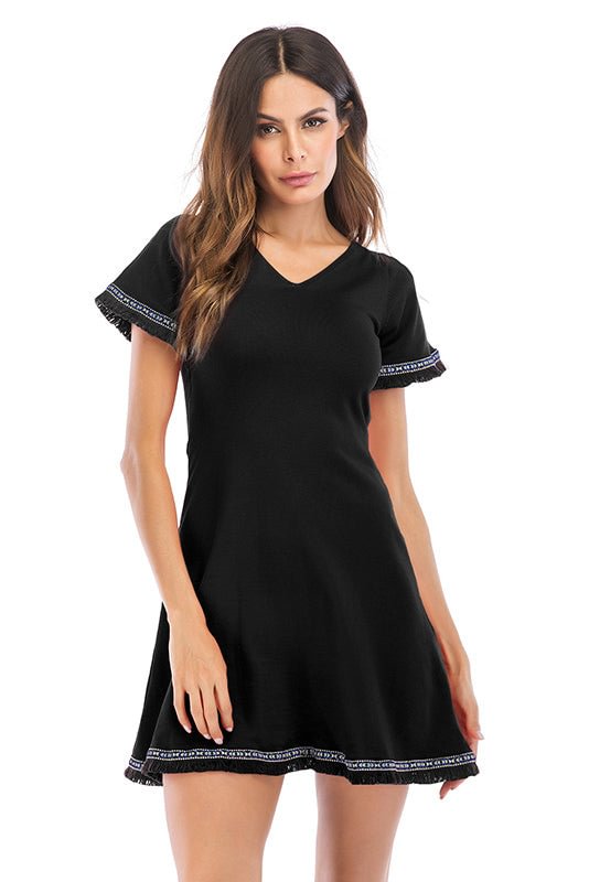 V Neck Tassel Hem Lace-up Back Mini Dress - BlackFridayBuys