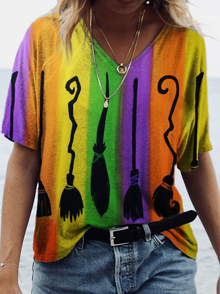Halloween Witch Brooms Striped V Neck T Shirt