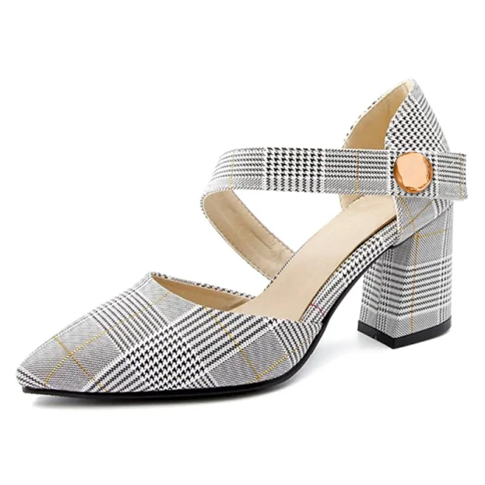 Gray Plaid Pointed Toe Chunky Heel Ankle Strap Pumps for Office Nicepairs