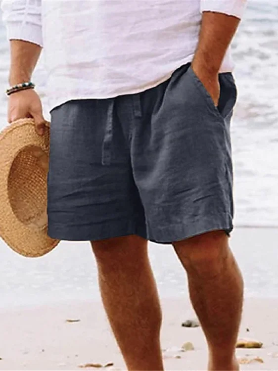 Men's Plain Straight Leg Cotton And Linen Beach Shorts