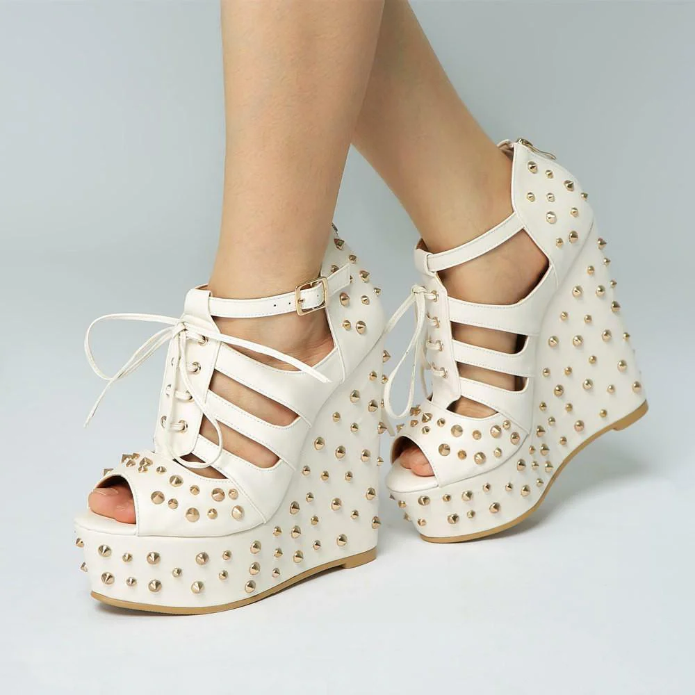 White Opened Toe Studded Lace Up Platform Gladiator Sandals With Wedge Heels Nicepairs