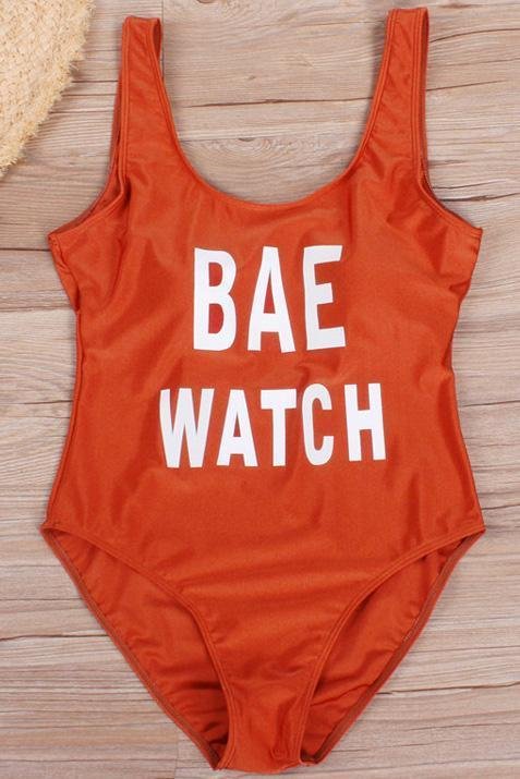 Orange Shaping Letter Print Low Back Cute One Piece Swimsuit - Shop Trendy Women's Clothing | LoverChic