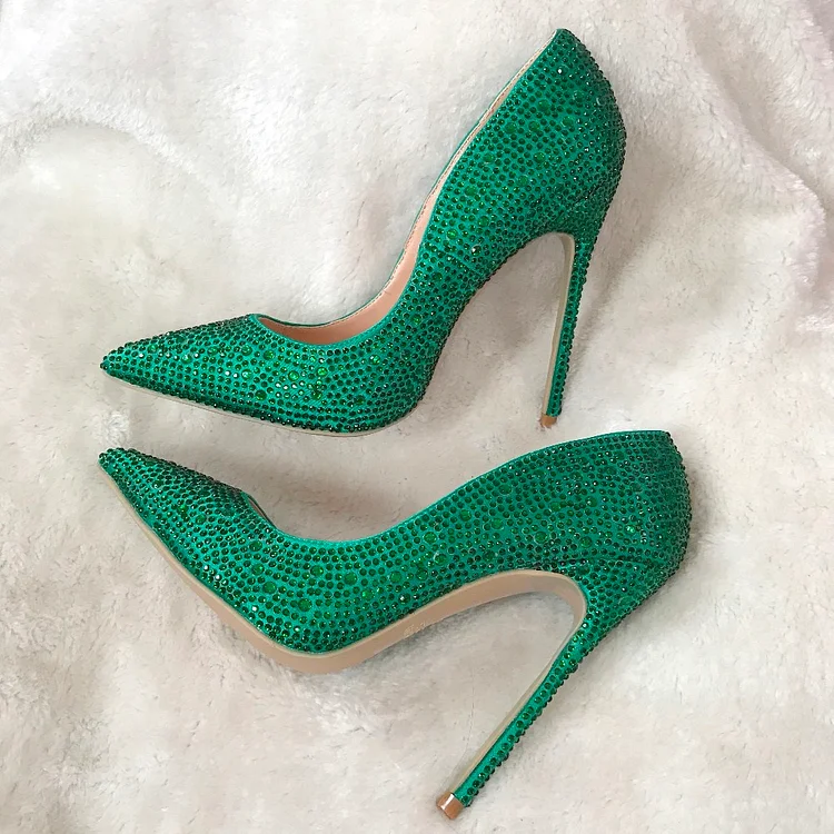 Green Satin Sparkling Stiletto Heels Pointed Toe Rhinestone Pumps |FSJ Shoes