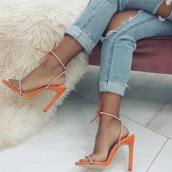 Orange Rhinestone Open Toe Slingback Heels Sandals |FSJ Shoes