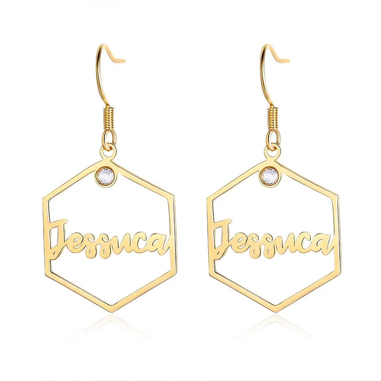 Hexagon Personalized Name Earrings Custom Drop Earrings With Birthstone
