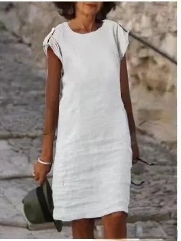 Women's Round Neck Sleeveless Multi-color Cotton Linen Mid Length Dress