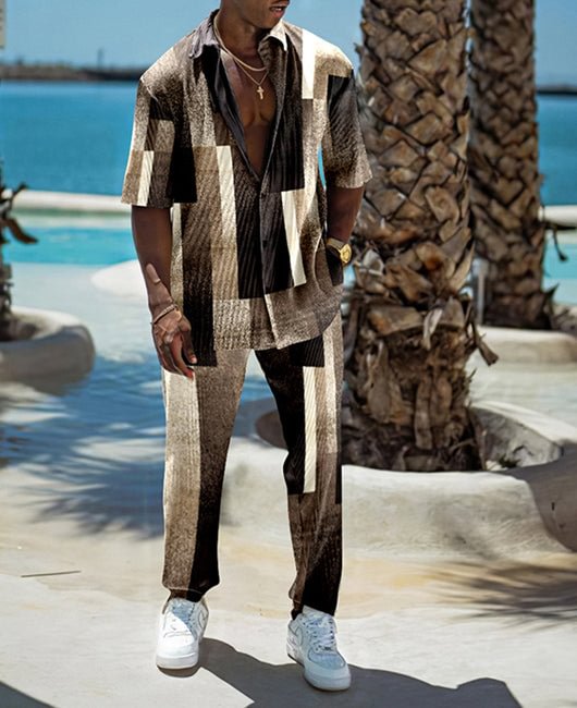 Men Printed Lapel Button Up Pocket Set
