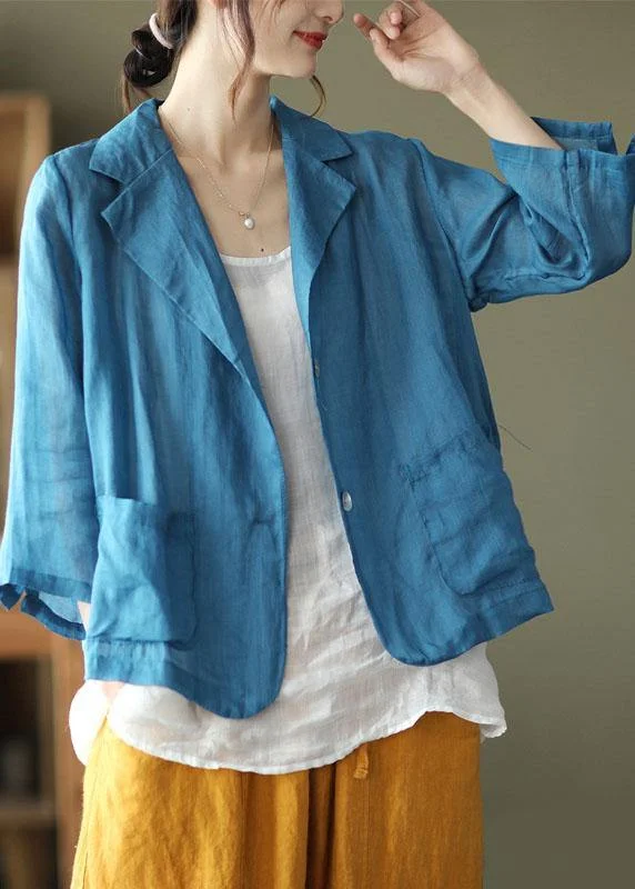 Vintage Blue Pockets Patchwork Coats Long Sleeve