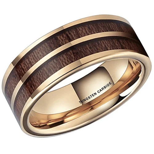 Men Women Tungsten Double Wood Inlay and Gold Tone Wedding Bands,Pipe Cut Tungsten With High Polish Dark Wood Inlay Rings
