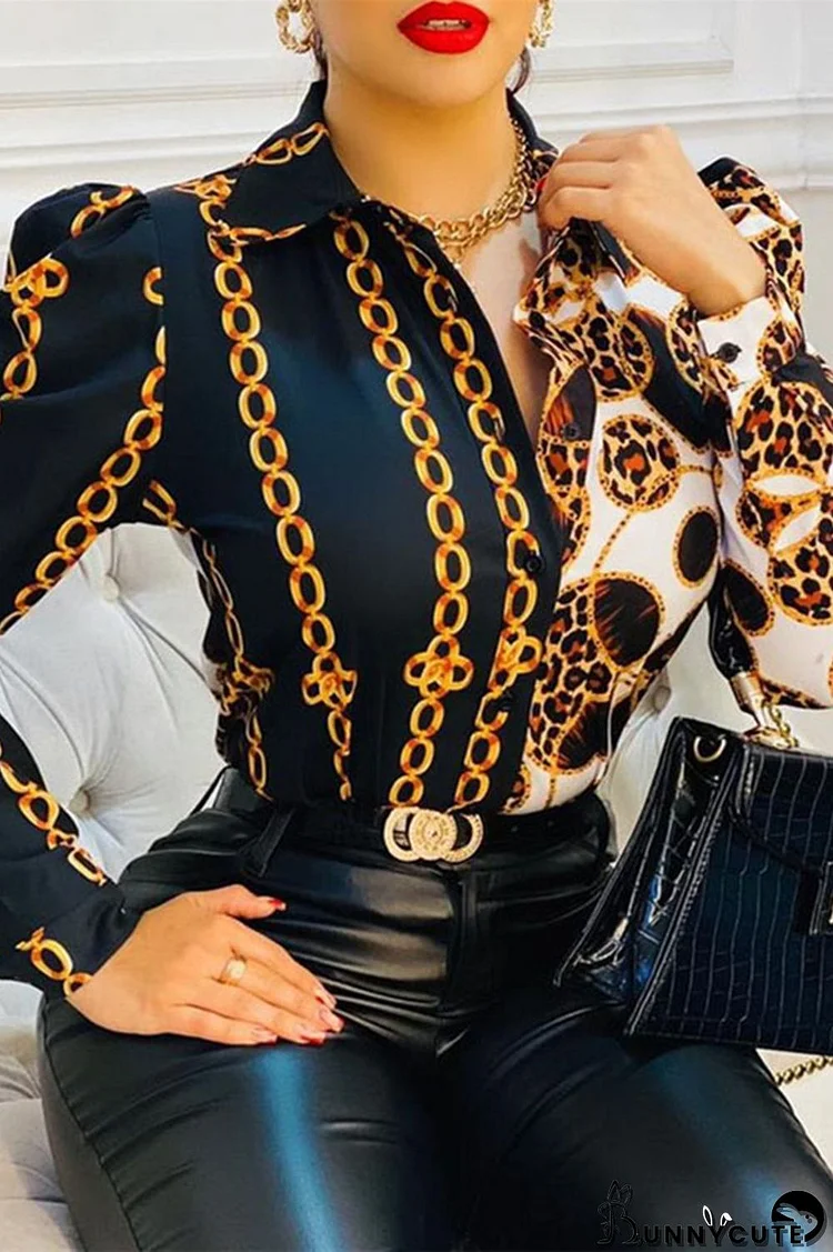 Black Fashion Casual Print Patchwork Turndown Collar Tops