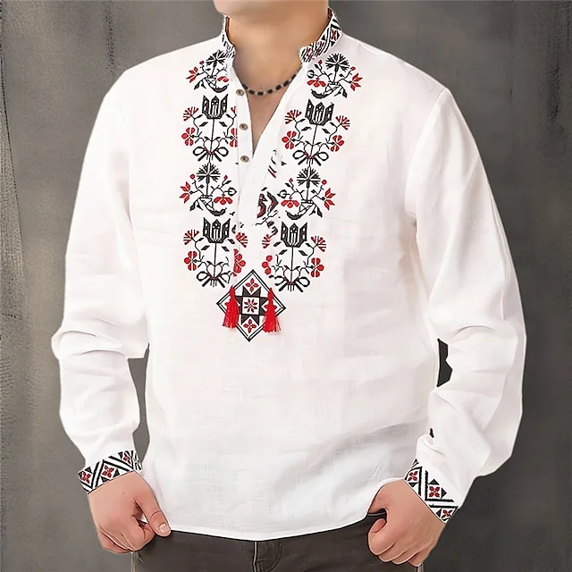 Men's Ethnic Floral Pattern Stand Collar Buttons Long Sleeve Shirts