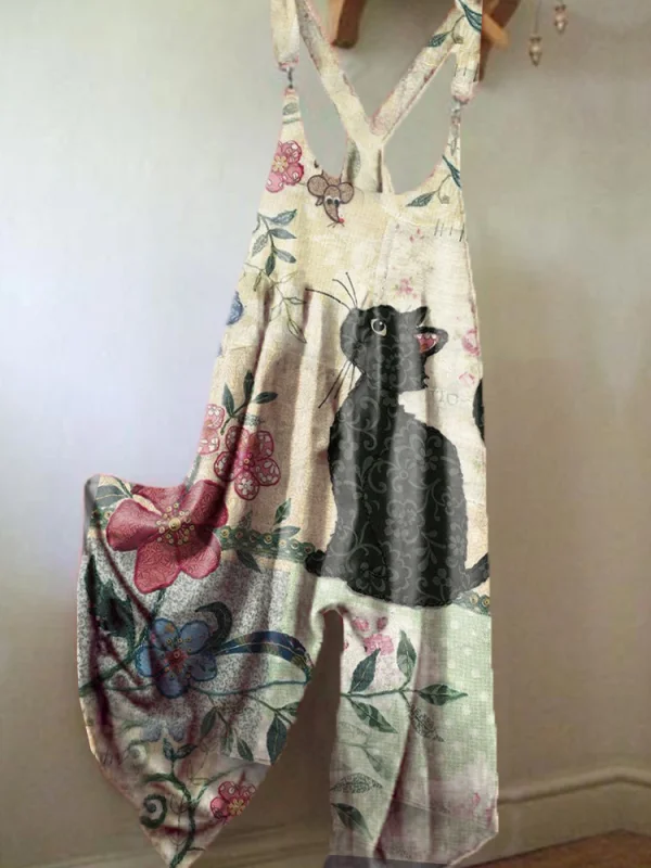 Casual cut cat printed cotton linen Jumpsuit
