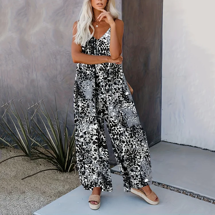 Casual Allover Pattern Cami V Neck Wide Leg Jumpsuits