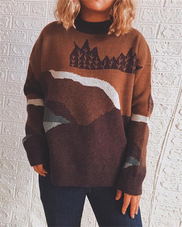 Round Neck Long Sleeve Forest Pattern Sweater Pullover - Chicaggo