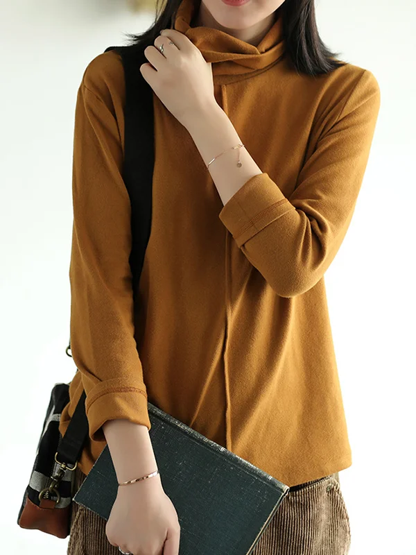 Simple Solid Color Turtleneck Long Sleeve T-Shirt