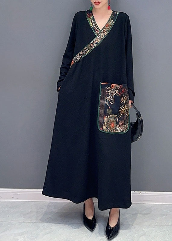 Silk Bohemian Dresses Patchwork Velvet Black Hollow Lace Maxi Out main image 1