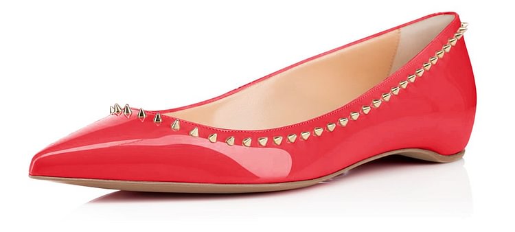 Women's Coral Red Rivets Pointy Toe Flats Comfortable Shoes |FSJ Shoes